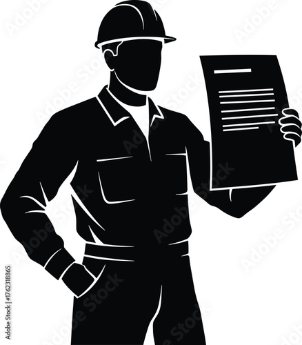 Silhouette of construction worker in hard hat holding document, silhouette, construction worker, builder, architect, engineer, man, person, male, hard hat, helmet, safety, uniform, work clothes, overa