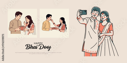 Happy Bhai Dooj vector illustration featuring a brother and sister performing rituals, applying Tilak (Tika), and taking a festive selfie. Indian festival concept.