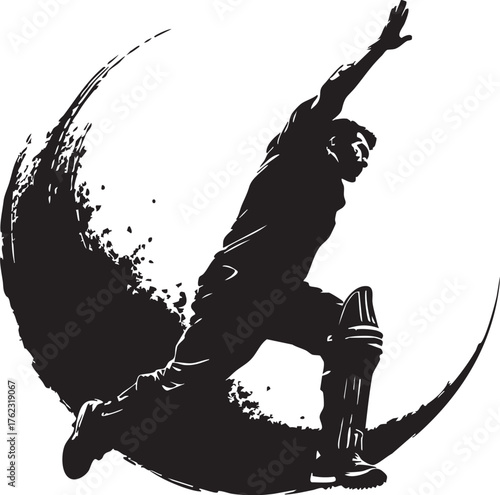 Cricket player in celebratory motion with brushstroke arc, black and white vector symbolizing energy and sportsmanship