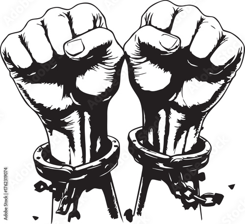 Raised fists with broken shackles, bold black and white vector symbolizing freedom, resistance, and empowerment