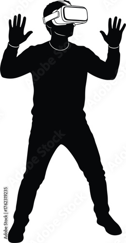 Silhouette of man wearing VR headset with hands raised, silhouette, man, virtual reality, vr, headset, goggles, technology, gaming, entertainment, immersive, experience, future, digital, cyberspace, a