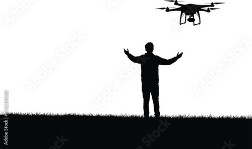 Silhouette of man with arms outstretched towards a flying drone, drone, flying, technology, aerial, remote control, quadcopter, aircraft, sky, white background, silhouette, man, person, male, arms out