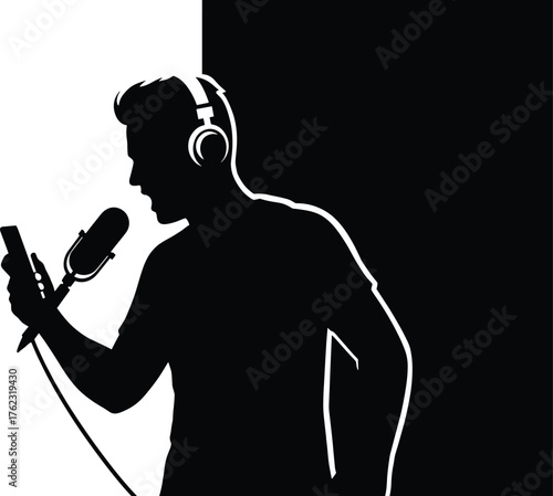 Silhouette of man with headphones and microphone on split background, podcast, recording, broadcasting, radio, audio, sound, music, headphones, microphone, man, silhouette, black, white, split backgro