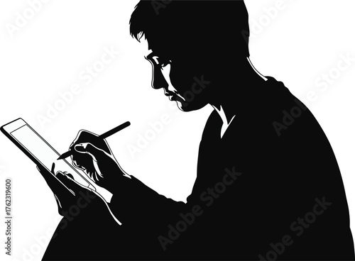 Silhouette of person using stylus on digital tablet, silhouette, person, man, boy, tablet, digital tablet, stylus, pen, drawing, writing, sketching, design, technology, device, screen, hand, finger, h