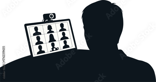 Silhouette of a person looking at a tablet screen displaying multiple video call participants in a grid layout, symbolizing remote communication and virtual meetings, video, call, communication, virtu