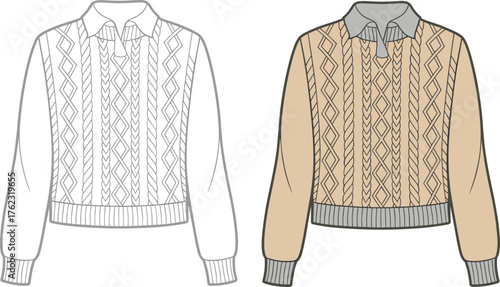 Cable-knit sweater fashion illustration with collared shirt, ribbed hem and cuffs in color and line drawing views