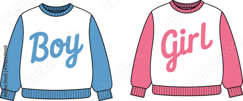Gendered kids sweater fashion illustration with “Boy” and “Girl” text, ribbed cuffs and color-block sleeve design