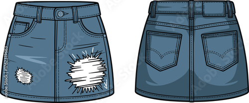Denim skirt fashion illustration front and back view with distressed patches, belt loops, button closure and pockets