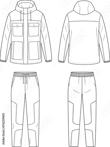 Technical fashion sketch of hooded jacket and reinforced pants front and back views for apparel design reference