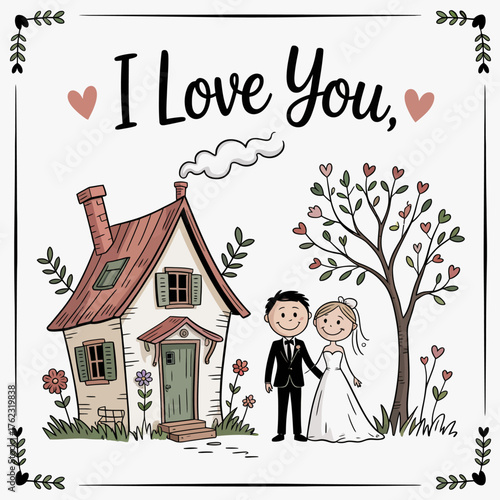 Wedding Illustration: A heartwarming illustration captures the essence of love and commitment, depicting a joyful couple standing hand-in-hand in front of their home.