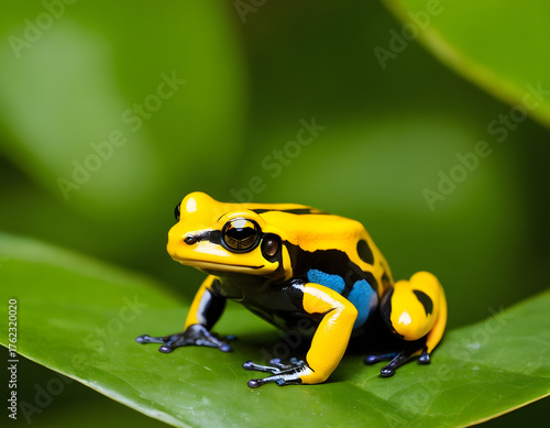 green tree frog, Yellow-banded poison dart frog sitting on a leaf. reptiles concept background. wildlife animals