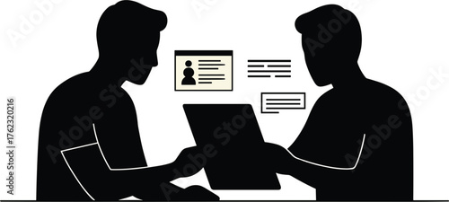 Two people in silhouette using a laptop and digital interfaces, silhouette, people, men, laptop, computer, digital, interface, screens, data, information, technology, communication, collaboration, tea