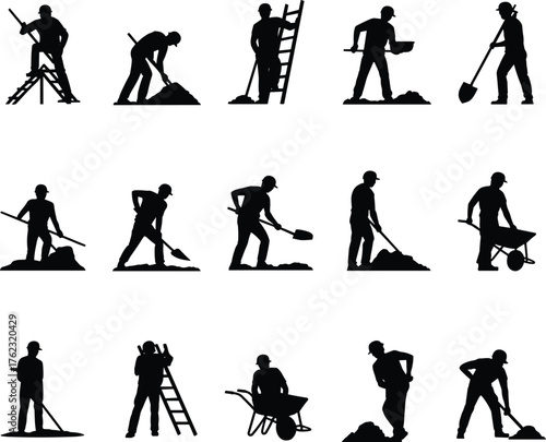 Construction workers silhouettes, manual labor icons, industrial workforce, black vector figures, shovel, ladder, teamwork, infrastructure, building site, tools, effort