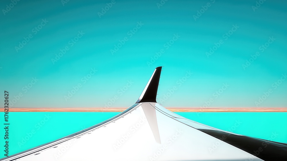 Fototapeta premium Airplane Wing Extending Over a Clear Turquoise Sky and Distant Horizon at Cruising Altitude