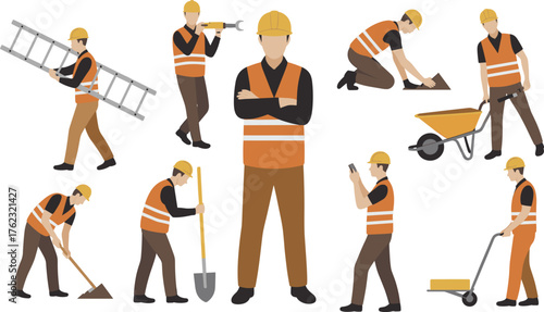 Construction workers, safety gear, hard hats, teamwork, infrastructure, labor force, tools, supervision, building site, manual work, engineering, outdoor job, teamwork, shovel, wheelbarrow,