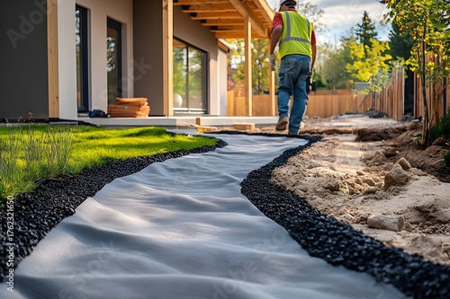 Landscape path installation with geotextile and gravel base by worker near modern house and garden