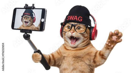 Orange cat taking selfie with headphones isolated on a transparent background
