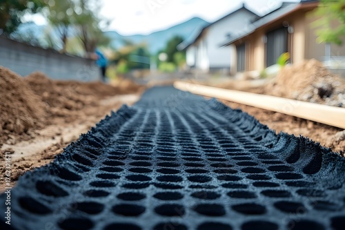 Closeup of geogrid drainage mat on prepared ground during driveway construction in residential area
