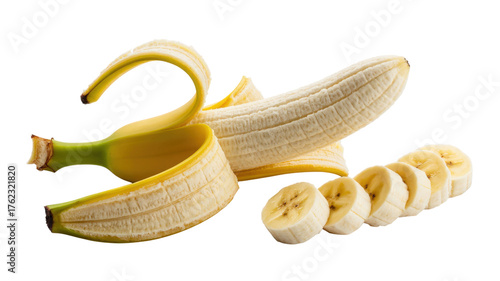 Peeled Banana Slices and Whole Fruit isolated on a transparent background