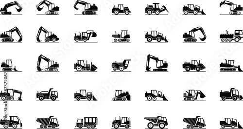 Construction vehicles, heavy machinery, excavator, bulldozer, dump truck, loader, industrial equipment, 