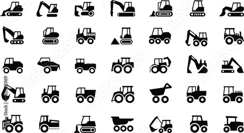 Construction vehicle icons, heavy machinery silhouettes, excavator, bulldozer, dump truck, loader, industrial equipment, engineering tools, black vector set, isolated graphics