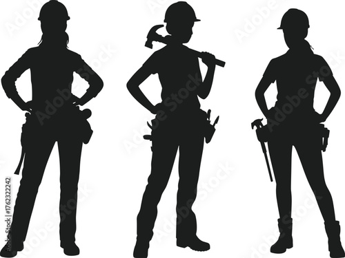 Construction workers silhouette, industrial labor force, teamwork in safety gear, confident builders, infrastructure development, skilled tradespeople, hammer, wrench, hard hats