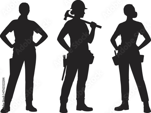 Women construction workers, female labor force, gender equality, skilled tradeswomen, empowerment, diversity in workforce, tool belt, hard hat, teamwork, silhouette