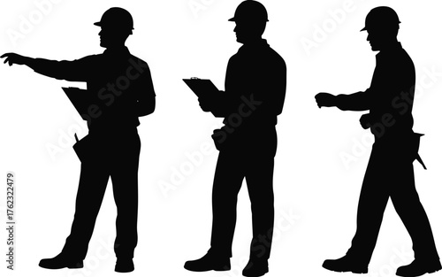 Construction workers silhouette, industrial team, safety inspection, engineers on site, hard hats, clipboard check, infrastructure, labor force, occupational safety, teamwork