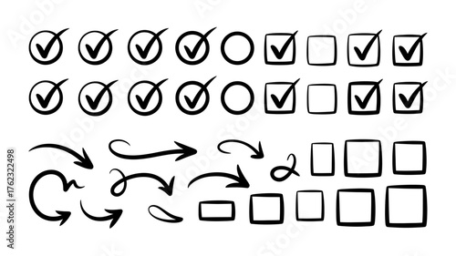 Collection of hand-drawn checkmarks circles squares and arrows for task management and design