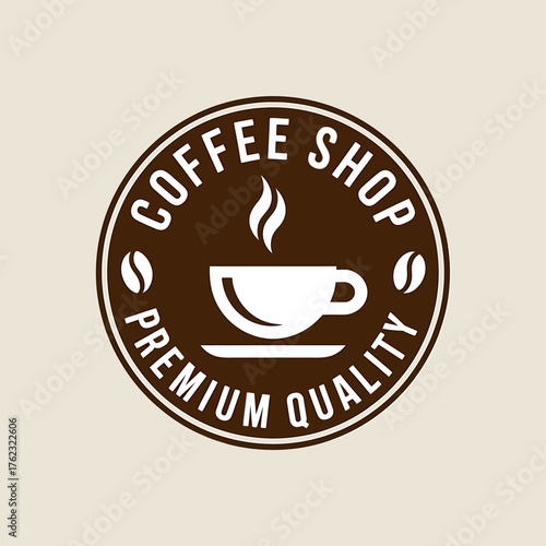 Circular coffee shop logo design with steaming cup premium quality beans