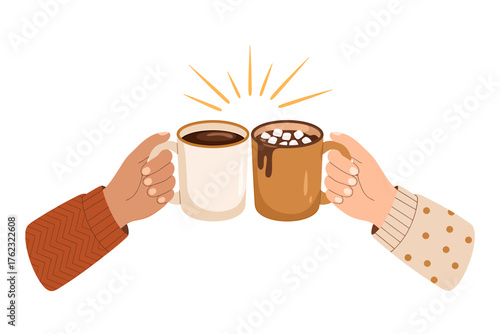 Two hands holding cups of coffee and hot chocolate with marshmallows together