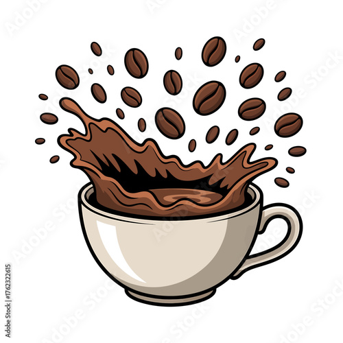 Dynamic coffee splash with beans erupting from a ceramic cup fresh brew energetic beverage