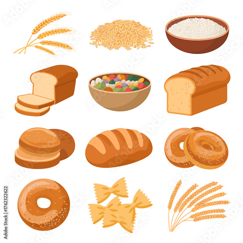 Collection of fresh baked goods and grains displayed in a grid layout