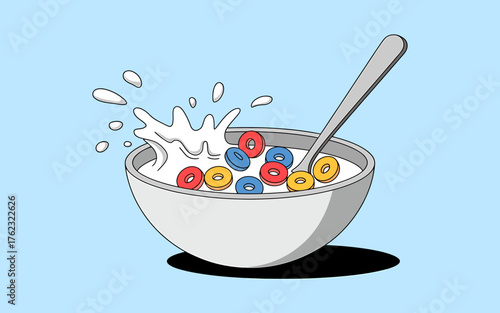 Crispy cereal splash delicious breakfast bowl with spoon and colorful berries milk morning meal