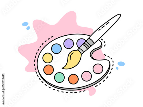 Minimalist paint palette and brush with colorful splashes perfect for art projects