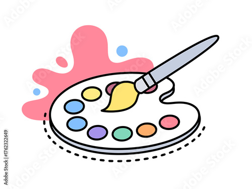 Minimalist paint palette with brush and splashes of color creative art supplies