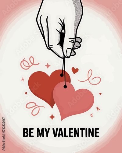 Romantic valentine's day hand holding heart tags "be my valentine" message greeting card design