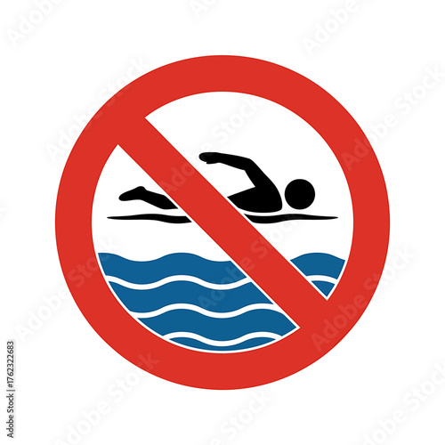 No swimming safety sign red circle slash person swimming water icon warning