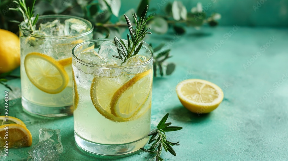 Fototapeta premium Summer lemonade or cocktail with ice, rosemary, and lemon slices on pastel green surface. Cold fresh lemon water.