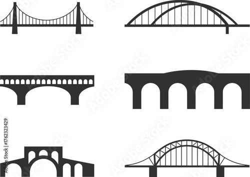 Bridge design illustration, suspension bridge, arch bridge, beam bridge, engineering structure, architectural style, silhouette, infrastructure, civil engineering, comparison