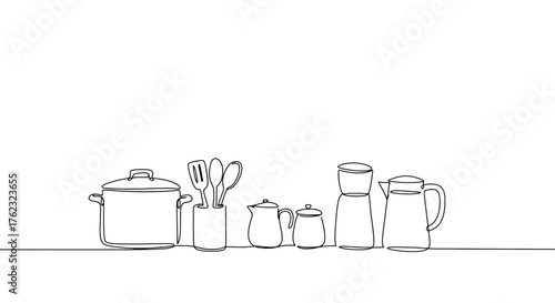 Kitchen utensils and cookware set in minimalist line art style vector. Household accessories