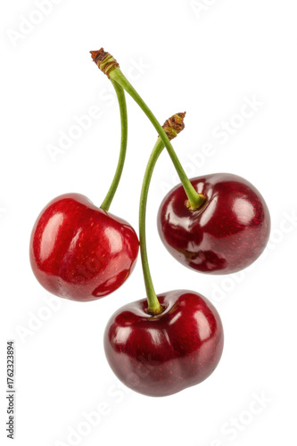 Three Red Cherries with Stems isolated on a transparent background