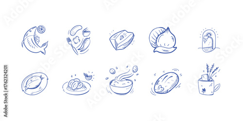 Vector doodle line art illustration of Mediterranean food and organic ingredient set on white background
