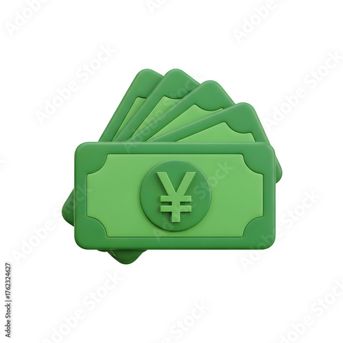 3d icon of stack of green banknotes with a yen symbol on a transparent background