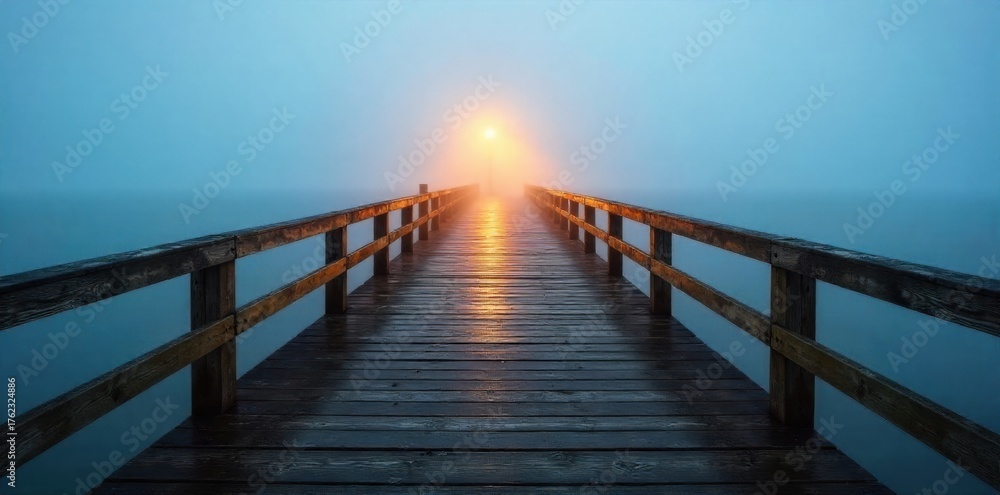 Obraz premium Solitary pier light illuminating a misty ocean at dawn, evoking calm and isolation. A weathered wooden pier with a single, classic black pier light at its end, casting a warm yellow glow into thick,