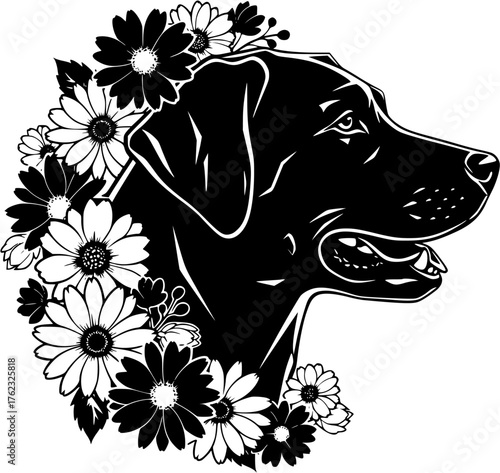A detailed black and white illustration of a dog, adorned with a floral wreath, set against a pristine, uncluttered backdrop. The artwork showcases the pet's gentle gaze.