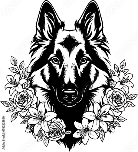 A striking monochrome artwork captures the noble visage of a German Shepherd framed by delicate floral blooms, exuding an air of elegance and serene beauty.