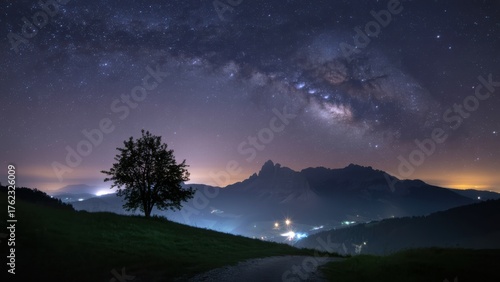 Majestic night sky over mountains with silhouetted tree and distant lights