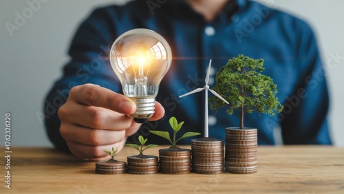 Sustainable energy concept man holding light bulb with coins and wind turbine