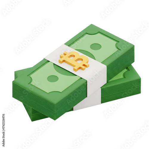 3d icon of stack of green bitcoin banknotes isolated on transparent background